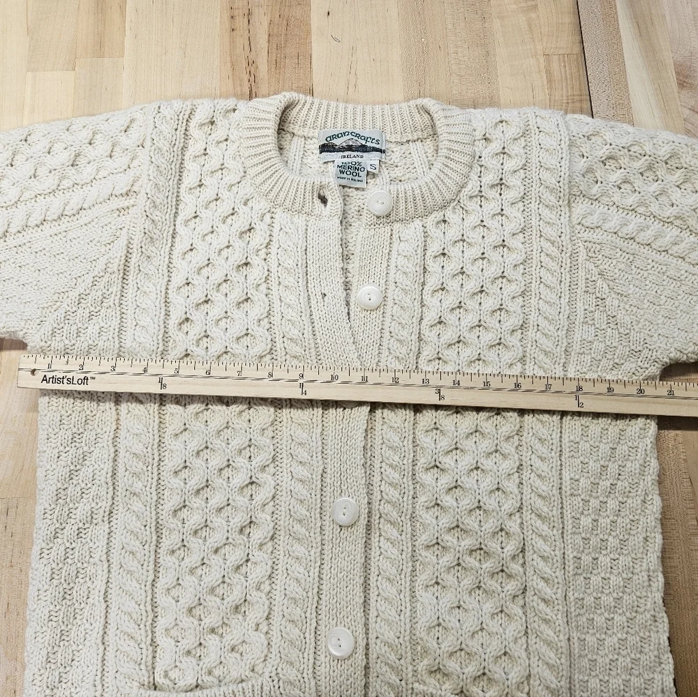 Vintage Aran Crafts Cable Knit Cream Cardigan Ireland Irish Fisherman Sweater  S
